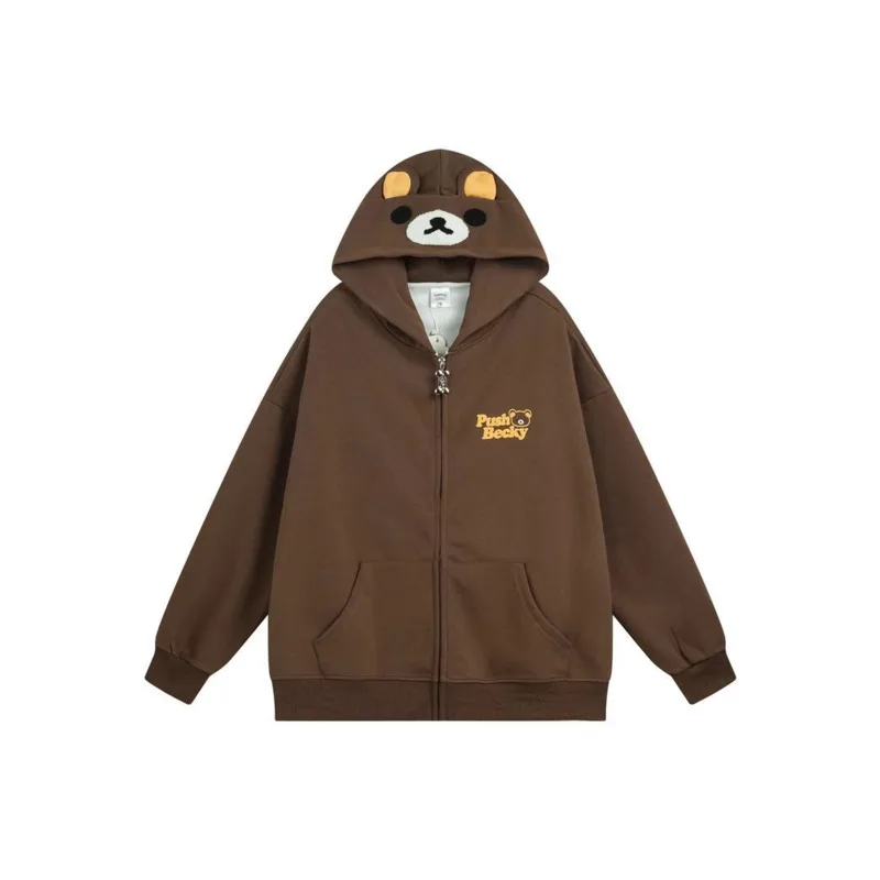 Cut Rilakkuma Hoodie Chic Embroidered Little Bear Pattern Zip-Up Sweatshirt New Stylish Women's Autumn/Winter Insulated Jacket