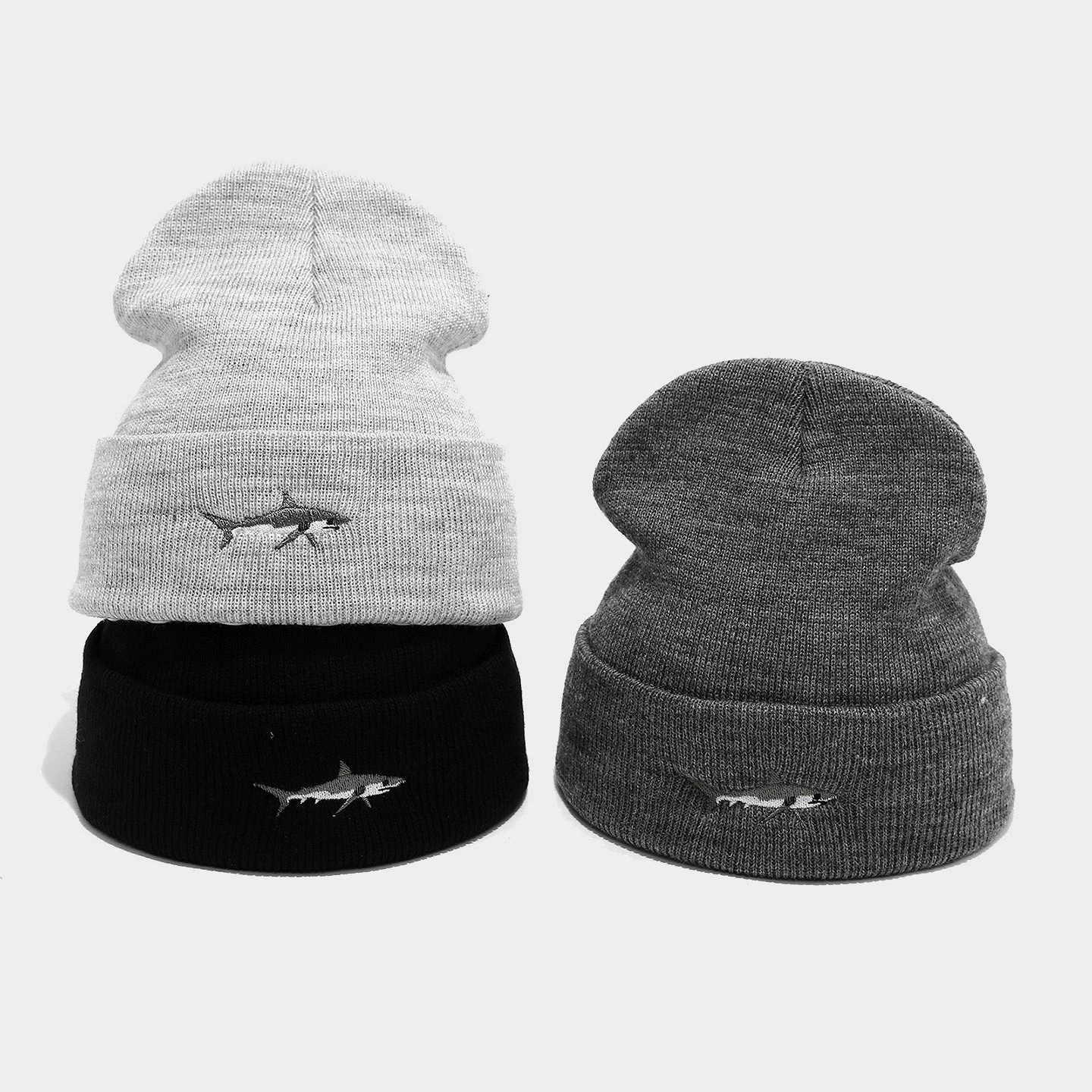 Unisex Knitted Beanie Cap with Embroidered Fish for Autumn Winter Outdoor Fashion Hip-Hop Skullies Pullover Cap Ski Bonnet