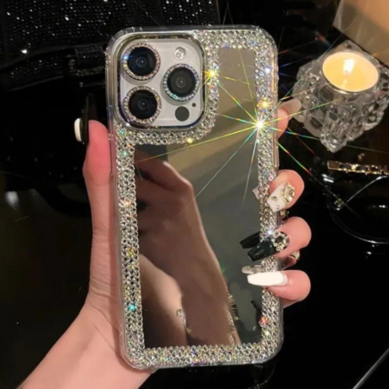 Luxury Glitter Diamond Make-Up Mirror Love Heart Chain Phone Case For iPhone 16 15 14 Plus 13 12 11 Pro Max Protect Back Cover