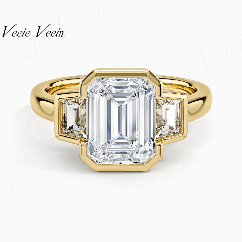Veeie Veein Jewelry S925 Silver Emerald Main Stone Baguette Accent Moissanite Ring 2 Ct/ 0.5 Ct Party Jewelry Accessory