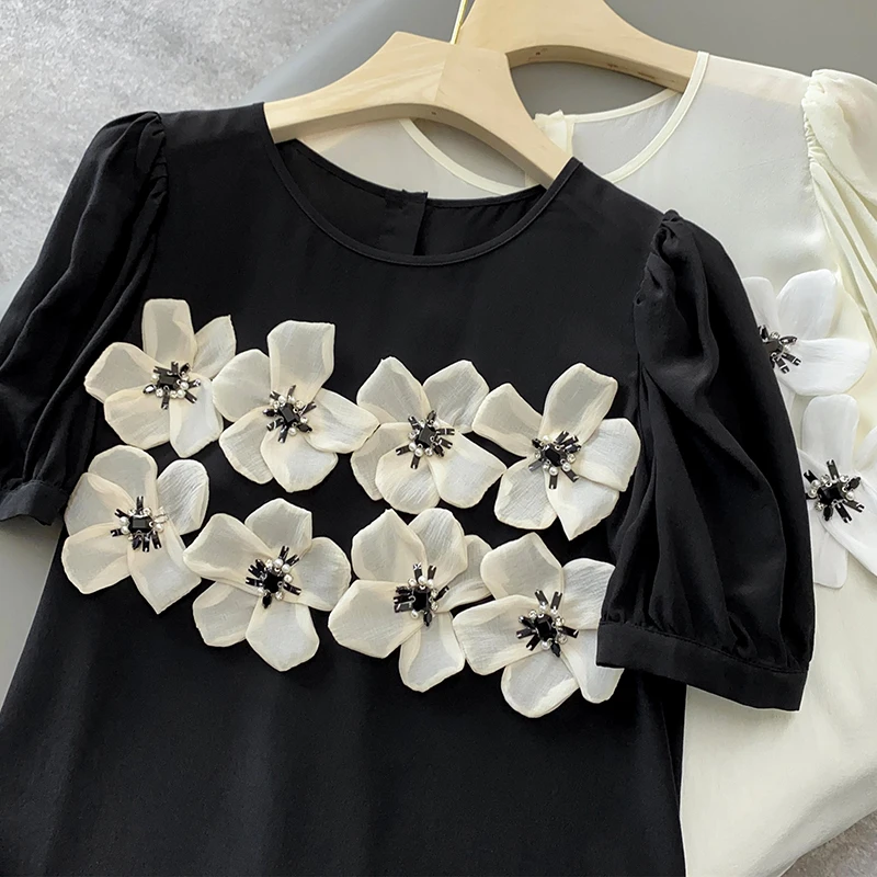 

High-End Silk Bubble Sleeve T-Shirt Tea Rose Embellished Diamond Black Silk Silk Button-Up Short Sleeve round Neck Top