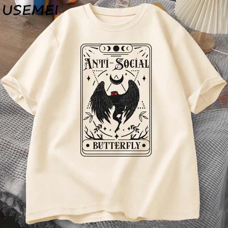 Mothman Tarot Card Butterfly T-shirt Man Vintage Cotton Short Sleeve T Shirt Streetwear Casual Round Neck Printed Tshirts Tops