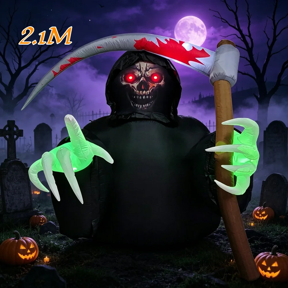 Weird 2.1M Inflatable Death God Halloween Decoration With Built-in LED Lights Suitable Courtyard Lawn Garden Holiday Decoration