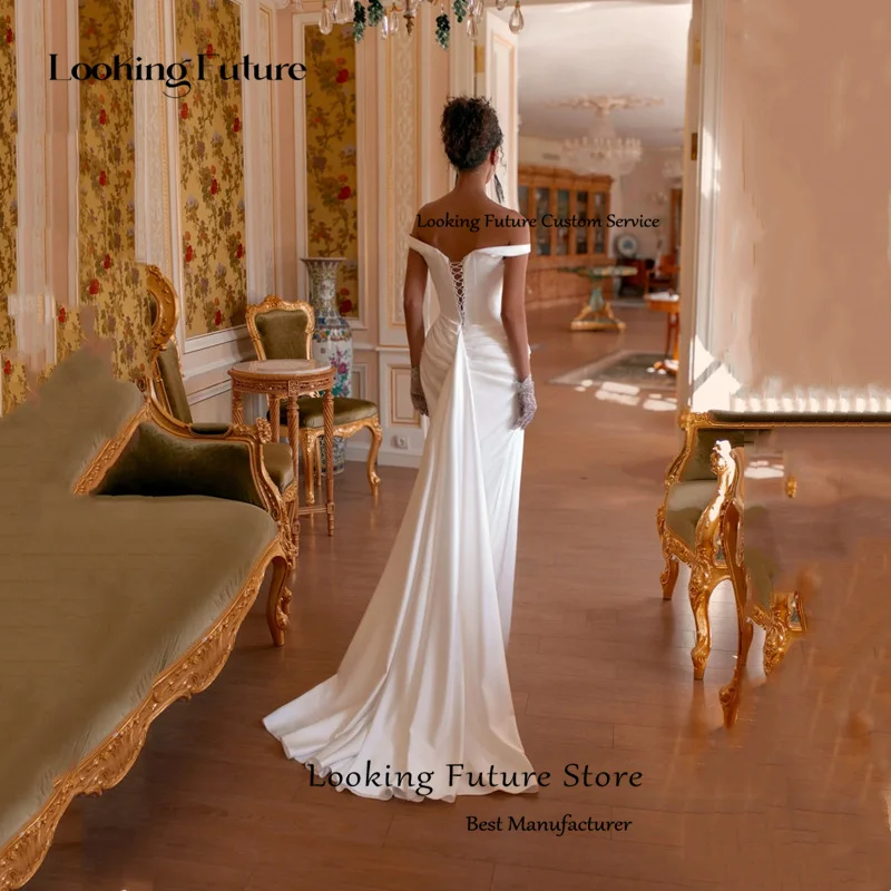 Elegant Ivory Satin Mermaid Long Wedding Dress Simple Off The Shoulder Strapless Sexy Side Slit Backless with Lace-up Grown 2026