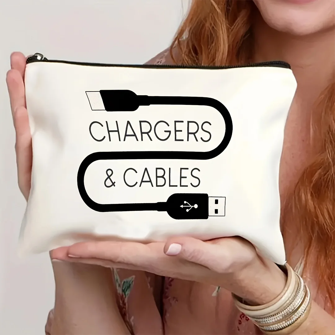 New Canvas Charger Storage Pouch Print Design Zipper Closure Electronics Bag Large Capacity Cosmetic Organizer for Office Desk