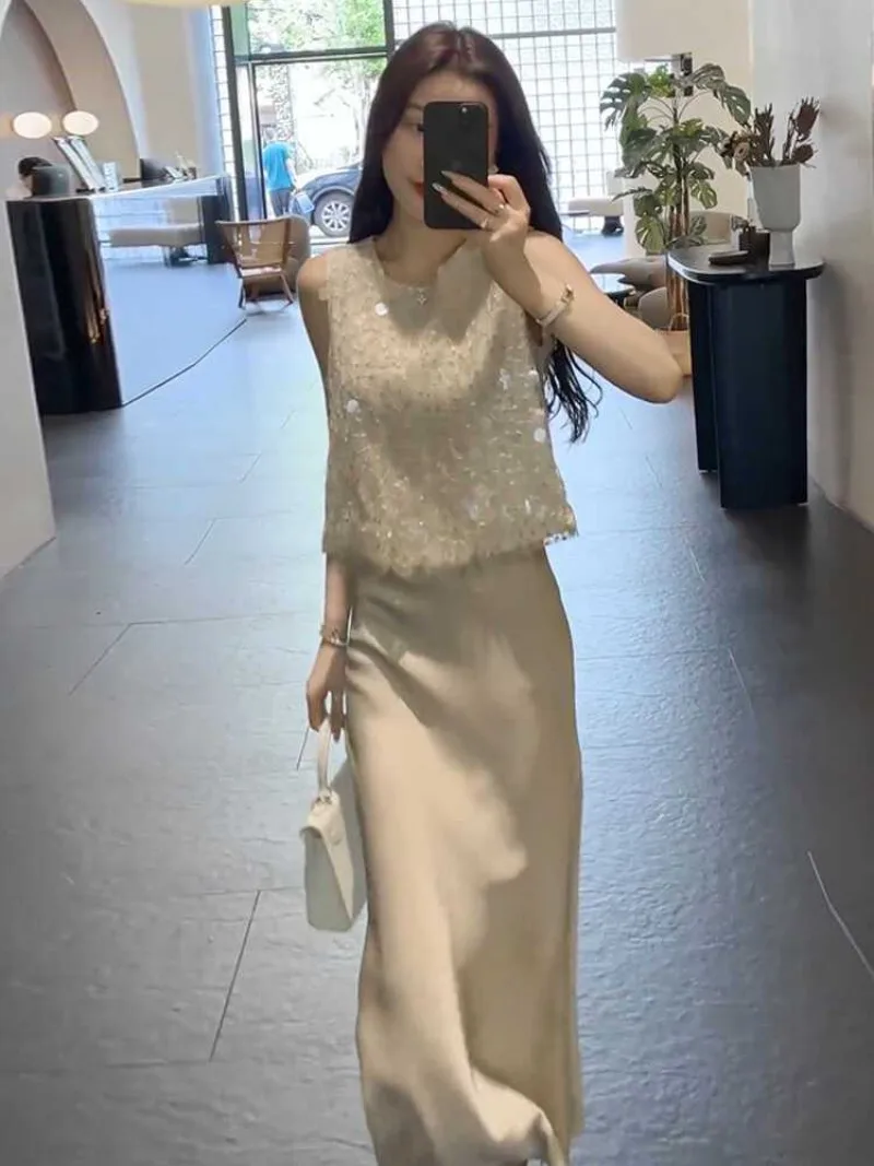 New Small Fragrance Sequin Women's two pieces set Summer Fashion Sleeveless Slim Vest Top + Long Skirt Elegant Party Suit
