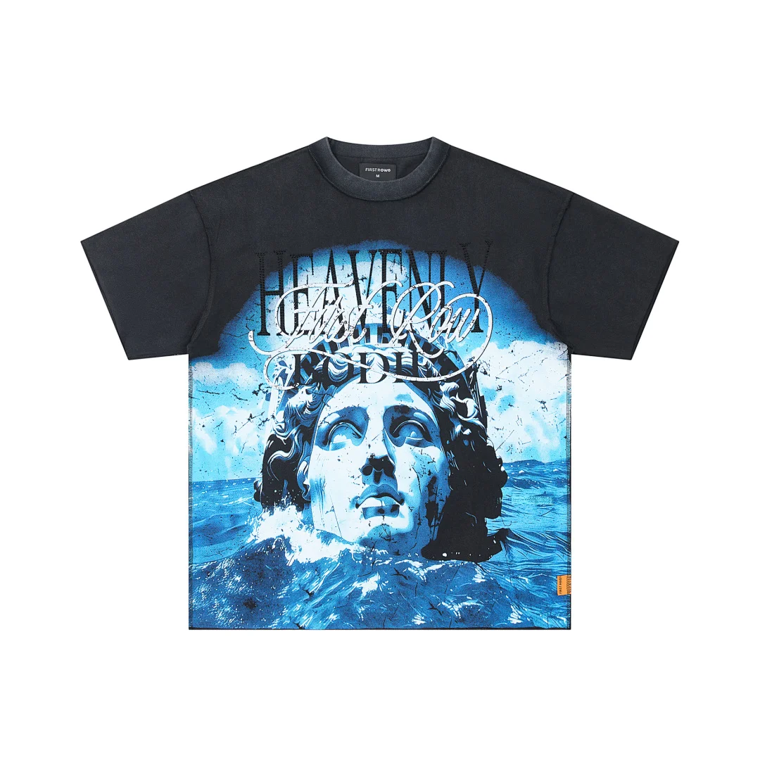 Unisex Vintage Washed Black T Shirt FIRST ROW Graphic Print Tees Y2K Retro Hip hop Streetwear Oversized Loose Casual Tops Tees