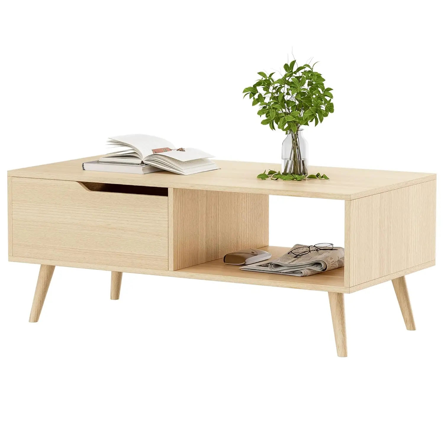 Stolik kawowy z drewna dębowego, stolik kawowy w stylu mid-century modern z szufladą i półką, prosty drewniany stolik konsola 99 cm, możliwość personalizacji