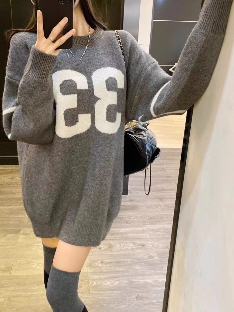 

Уличная одежда, винтажные жаккардовые пуловеры с буквами, Harajuku, повседневные джемперы большого размера в стиле гранж, 2025 Y2k, эстетические женские вязаные свитера