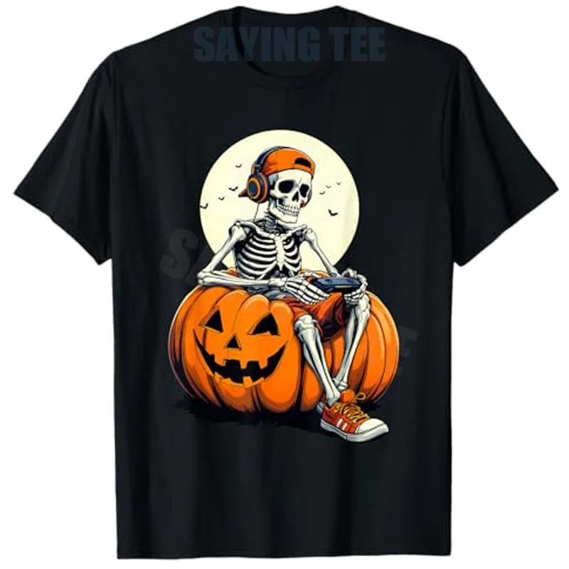 Spooky Pumpkin & Skeleton Gamer Tee | Boys & Kids Halloween T-Shirt Humor Funny Video Game Controller Tops Gothic Novelty Gift