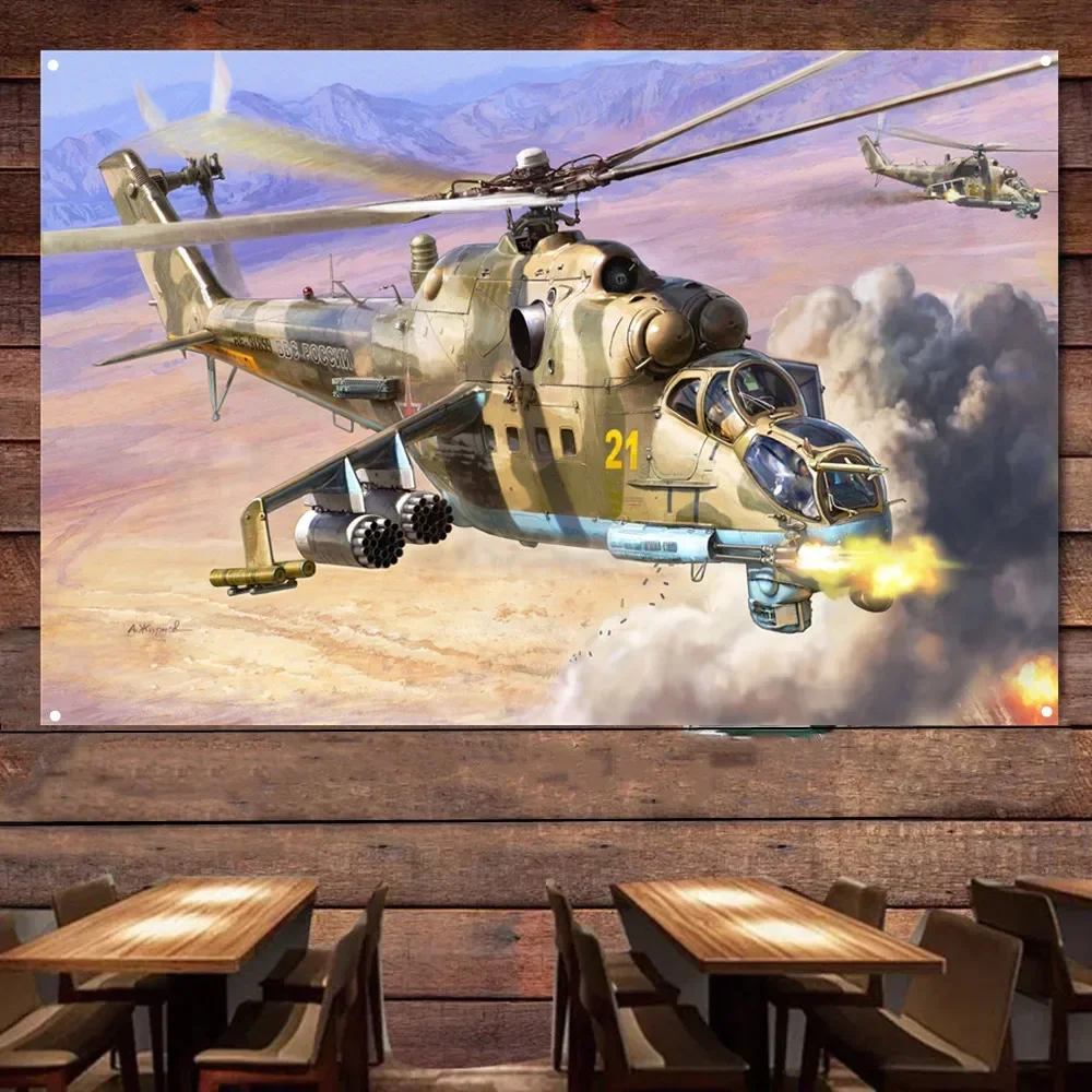 Mi-24P Soviet Attack Helicopter Poster Wall Chart - Military Art Banner - Air Force Army Fans Wall Hanging Flag Canvas Painting