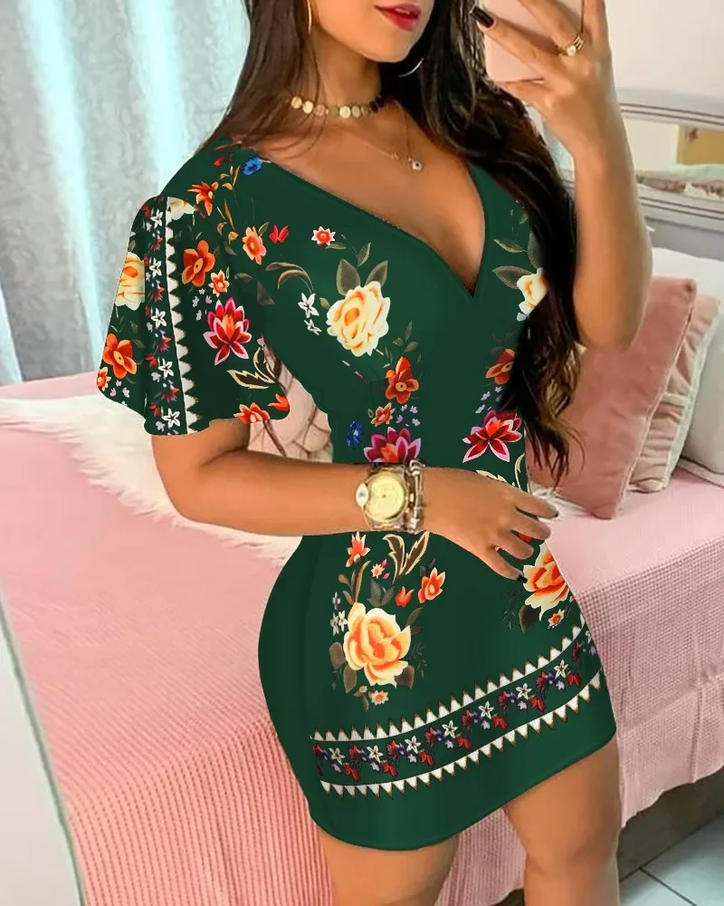 Fashion Women Ruffles Sleeve V-neck Bodycon Dresses Summer Short Sleeve Floral Print Mini Dress Evening Dresses Clubwear