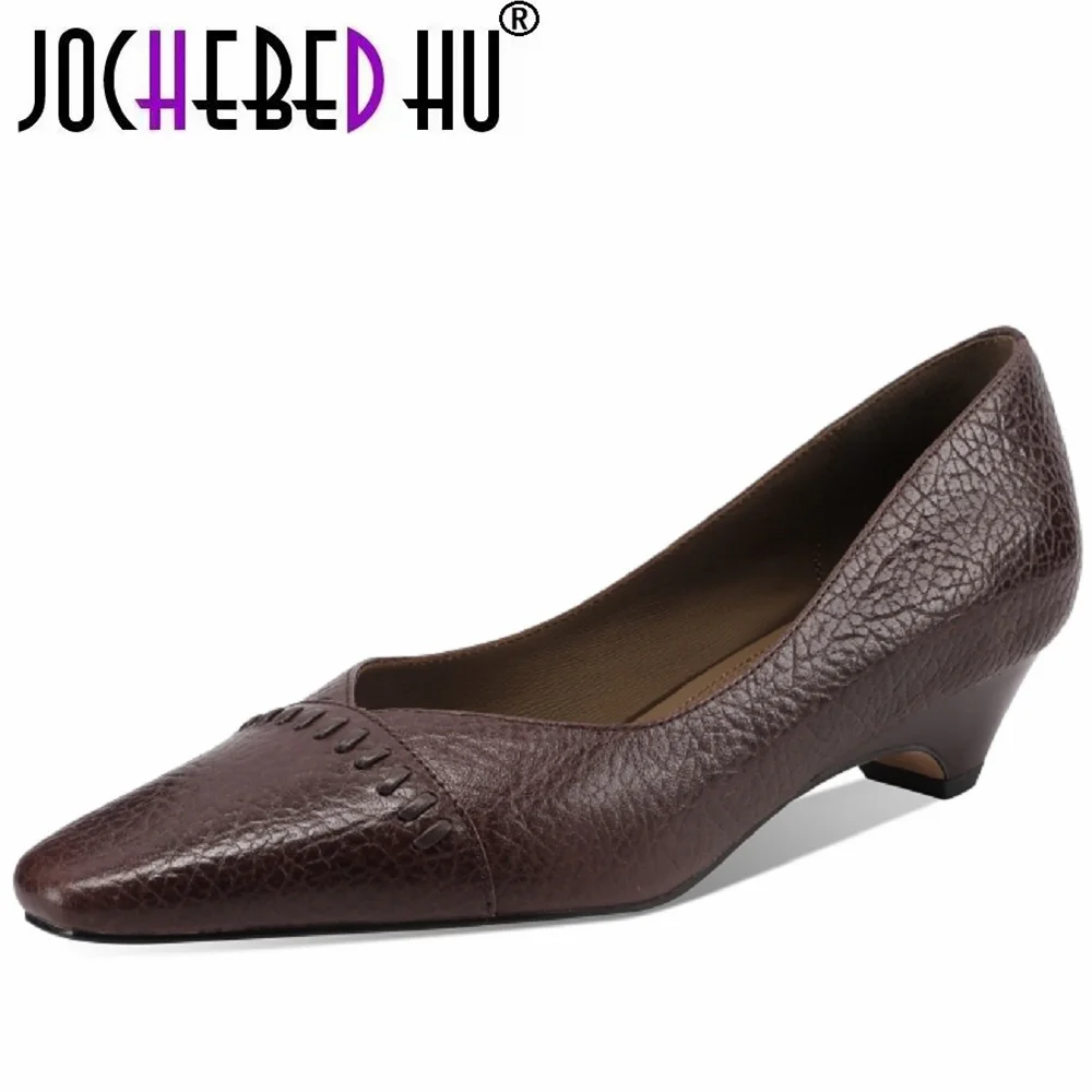 JOCHEBED HUNew women's Handmade Genuine Leather Square toe elegant ladies Mid heel daily OL style dress shoes 33-43