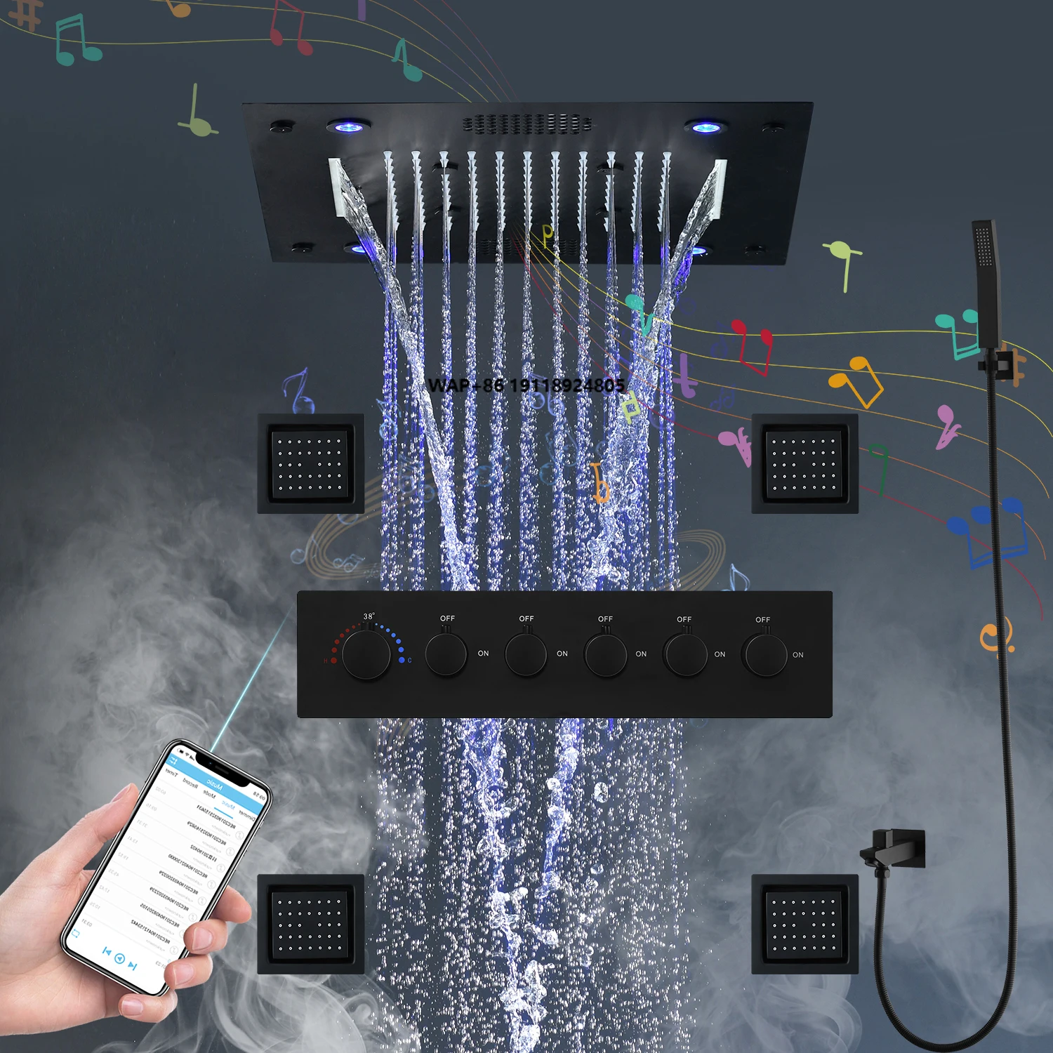 

16 Inches Black LED Shower Head Faucet Set Music Shower System Thermostatic Mixer Diverter With 4 Inch Jets