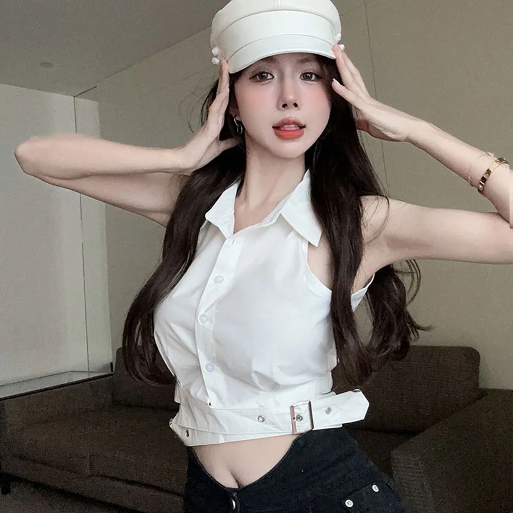 Hot Girl Slim Shirt Tank Top Women Korean Sweet Summer New Tops French Unique Sleeveless Short Vest Shirt Ladies White Blouse