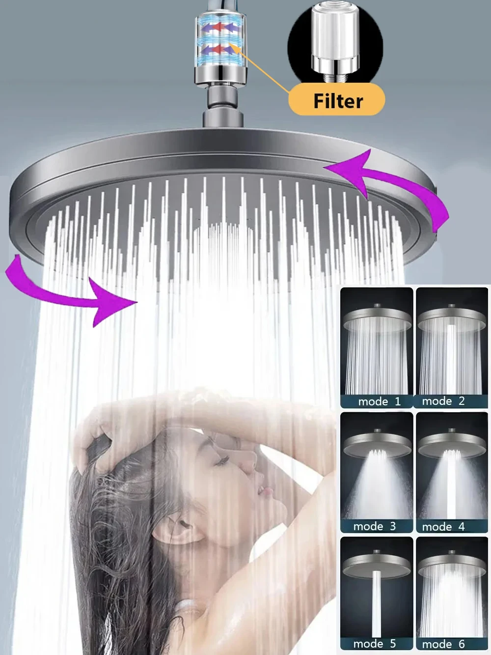 

New 230mm Six-speed Adjustable Overhead Shower Head High Pressure Top Sprayer Booster Rainfall Shower Head Bathroom Accessories