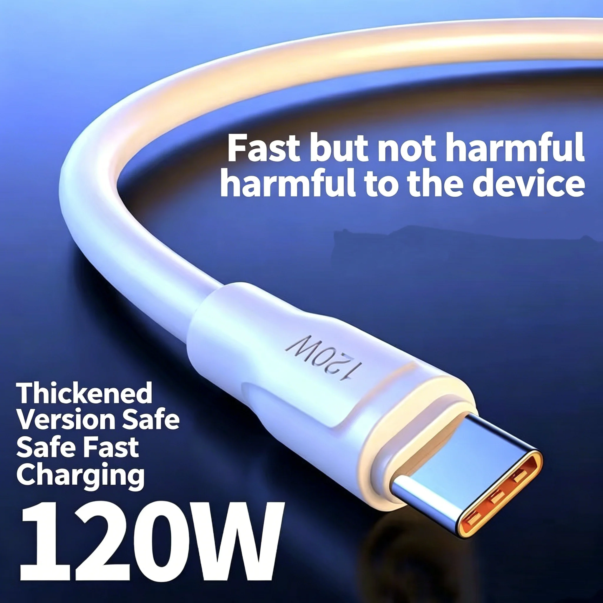 120W 6A Thickened 6mm USB A to Type C Fast Charging Data Cable 1M 1.5M 2M White Durable Cord For Xiaomi Samsung Huawei