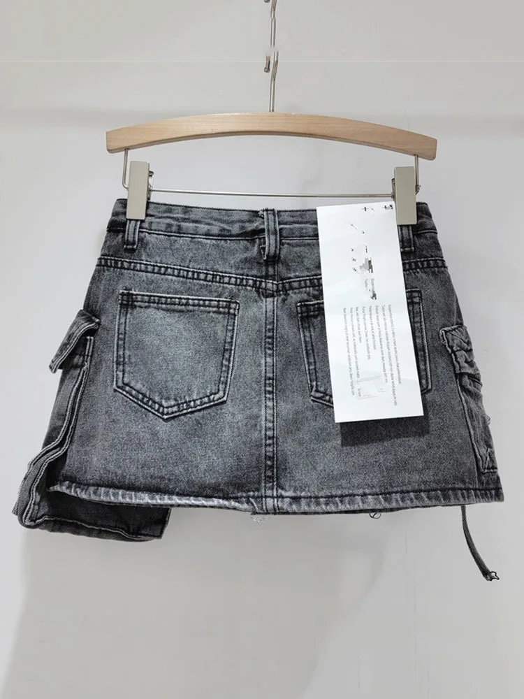 DEAT Trendy Vintage Women's Print Letter Pocket Mini Denim Skirts 2024 Spring Fashion New Items High Waist Skirt Female 11XX8789