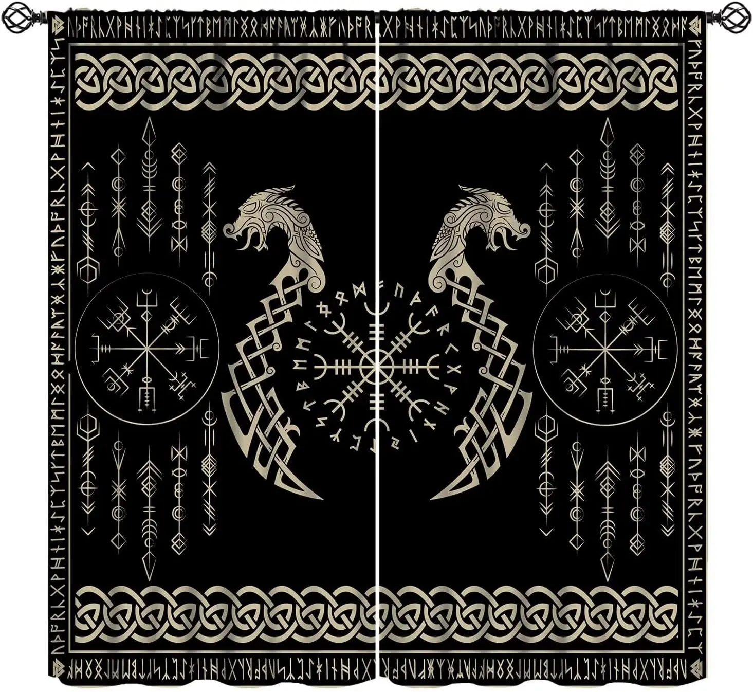 Vintage Viking Dragons Curtains Norse Magical Runic Compass Printed Rod Pocket Blackout Window Drapes for Living Room Bedroom