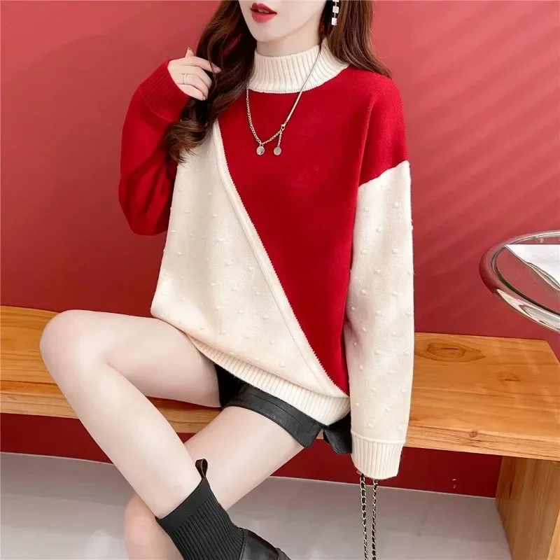 DAYIFUN-Women Knitted Pullovers,Polka Dot,Color Blocking Design Sweater,Autumn Winter,Loose,Half High Neck,Long Sleeve Chic Tops