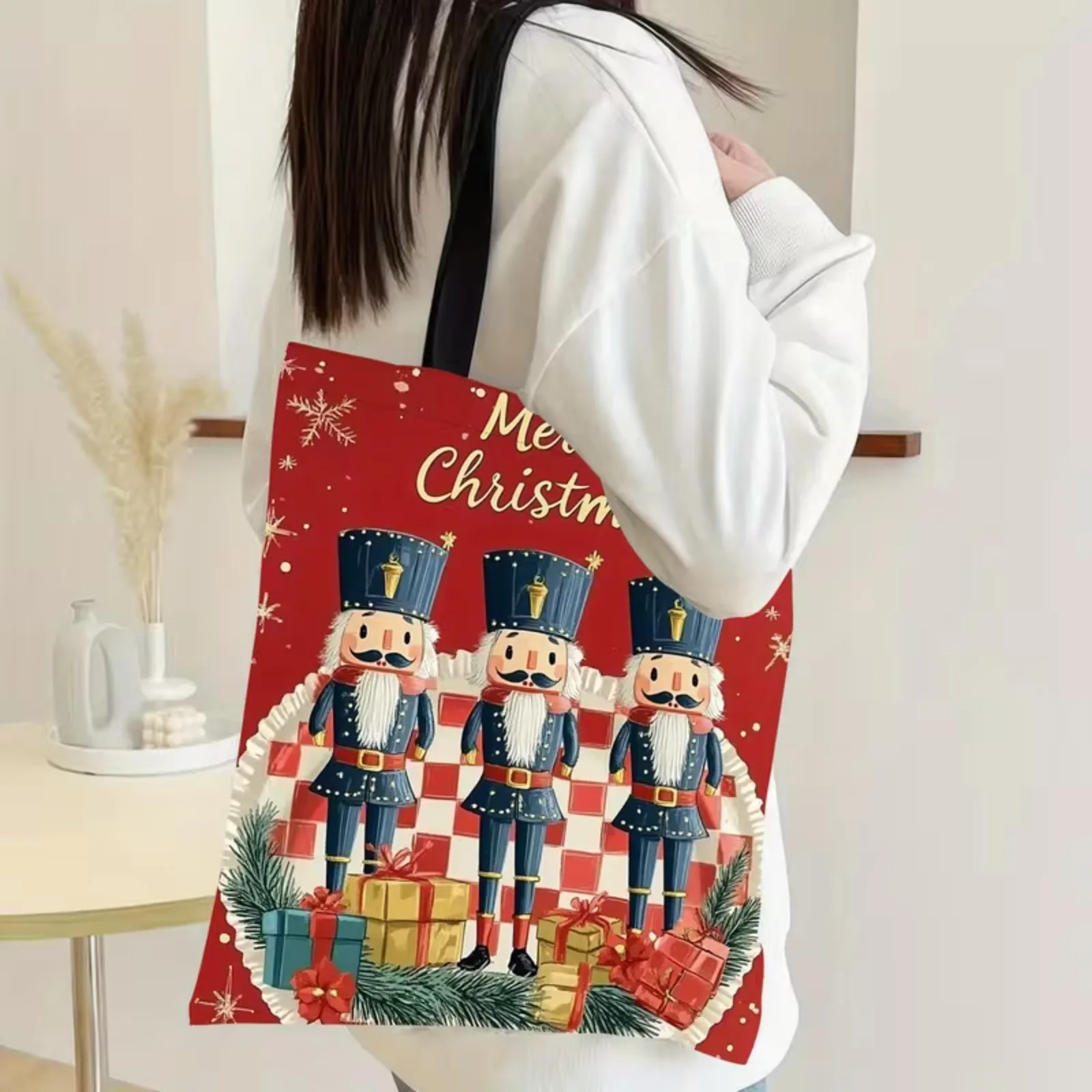 Merry Christmas Nutcracker Canvas Tote Bag, Xmas Soldier Gift Box Print Shoulder Bag, Casual Shopping Tote Holiday Gift Bag