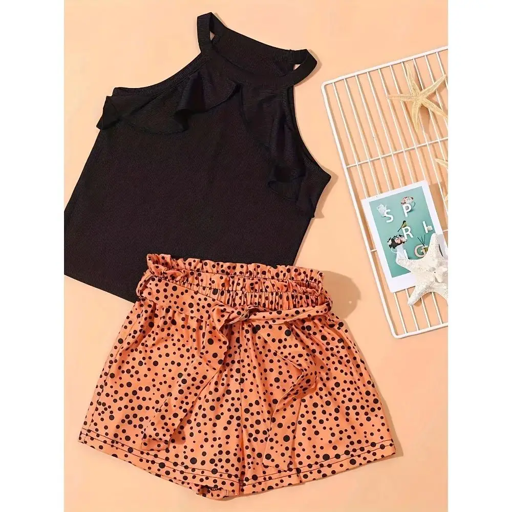 2PCS Girl\'s Trendy Outfit Halter Neck Camisole & Polka Dots Pattern Shorts Set Kid\'s Clothes For Summer kids clothes