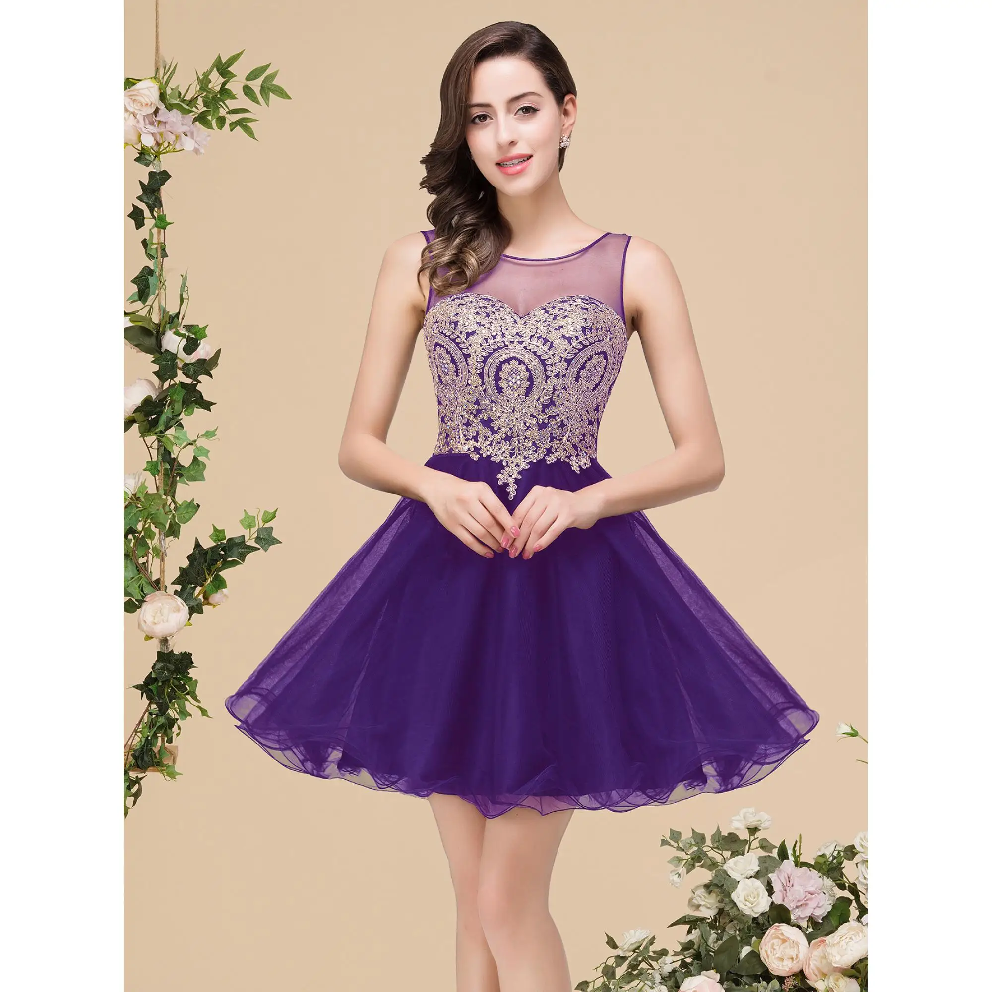 

MisShow женские короткие платья для встречи выпускников с золотыми аппликациями трапециевидной формы с иллюзией шеи модные мини-выпускные короткие и элегантные вечерние платья