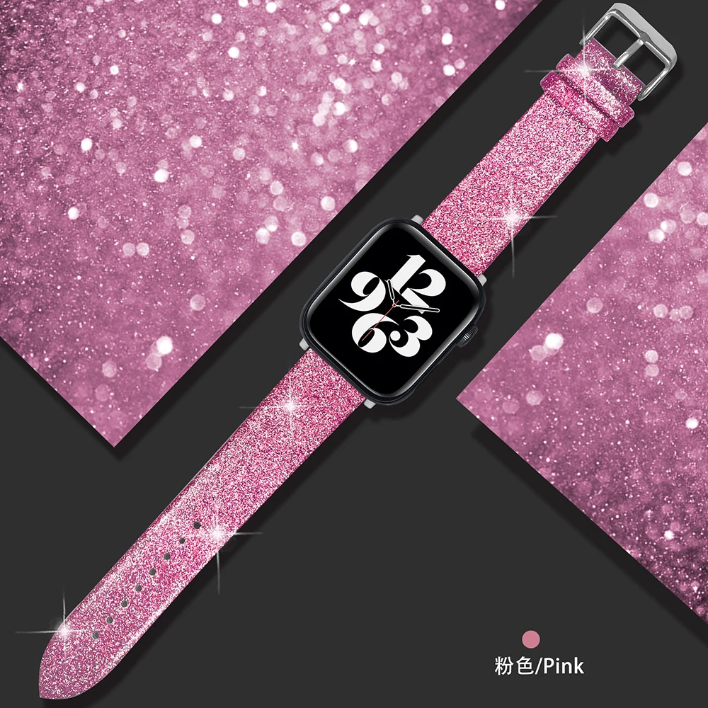 Glitter leather strap For Apple Watch Band 44mm 40mm Ultra 49mm 41mm 42-38-45mm loop Shiny bracelet iWatch Series 7 8 6 5 4 3 SE image 2