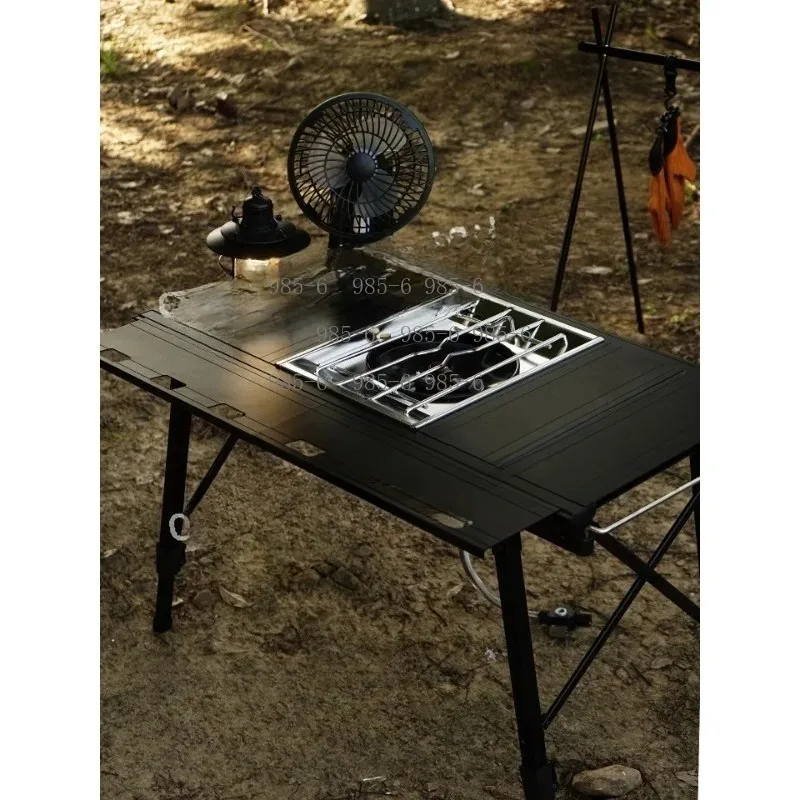 Height Adjustable Expandable Aluminum Folding Table, Mobile Outdoor Kitchen Table for Camping Picnic BBQ Use
