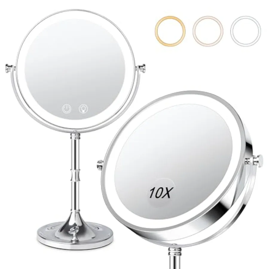 Vanity Mirror with Lights4000mAh Rechargeable Double Sided Magnifying Mirror with 3 Colors Adjustable 1x/10x Lighted Makeup Mir