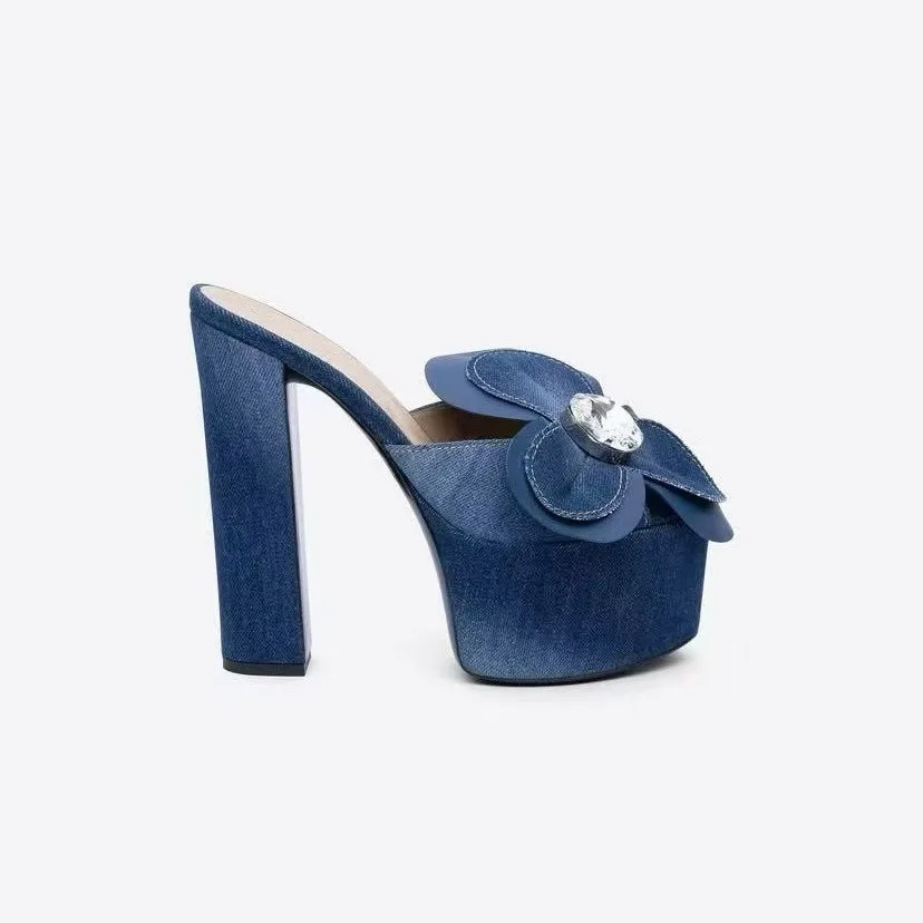 

Blue Denim Open Toe Rhinestone Floral Platform Mule Sandals Block Heeled Women High Heel Summer Mules Denim Flower Shoes