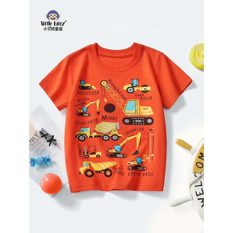 Children's Tops2024Summer New Boys' Orange Short-Sleeved Cartoon Crane PrintingTT-shirt Wholesale