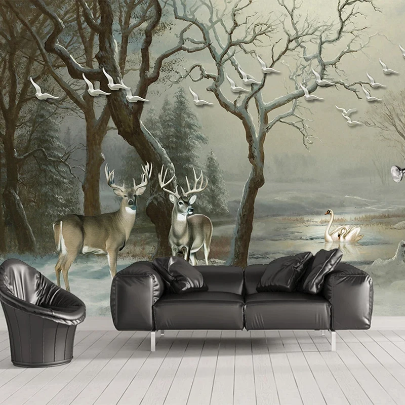 Custom Wallpaper 3D Relief Forest Bird Elk Retro Pastoral Landscape Oil Painting Bedroom Living Room Wall Covering Wall Mural