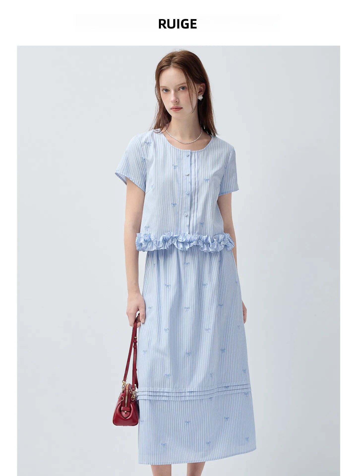 

plus Size Women's Striped Short Sleeve Set Waist Cinching Slimming New Style Half Skirt Summer Commute Fatter MM Skirt