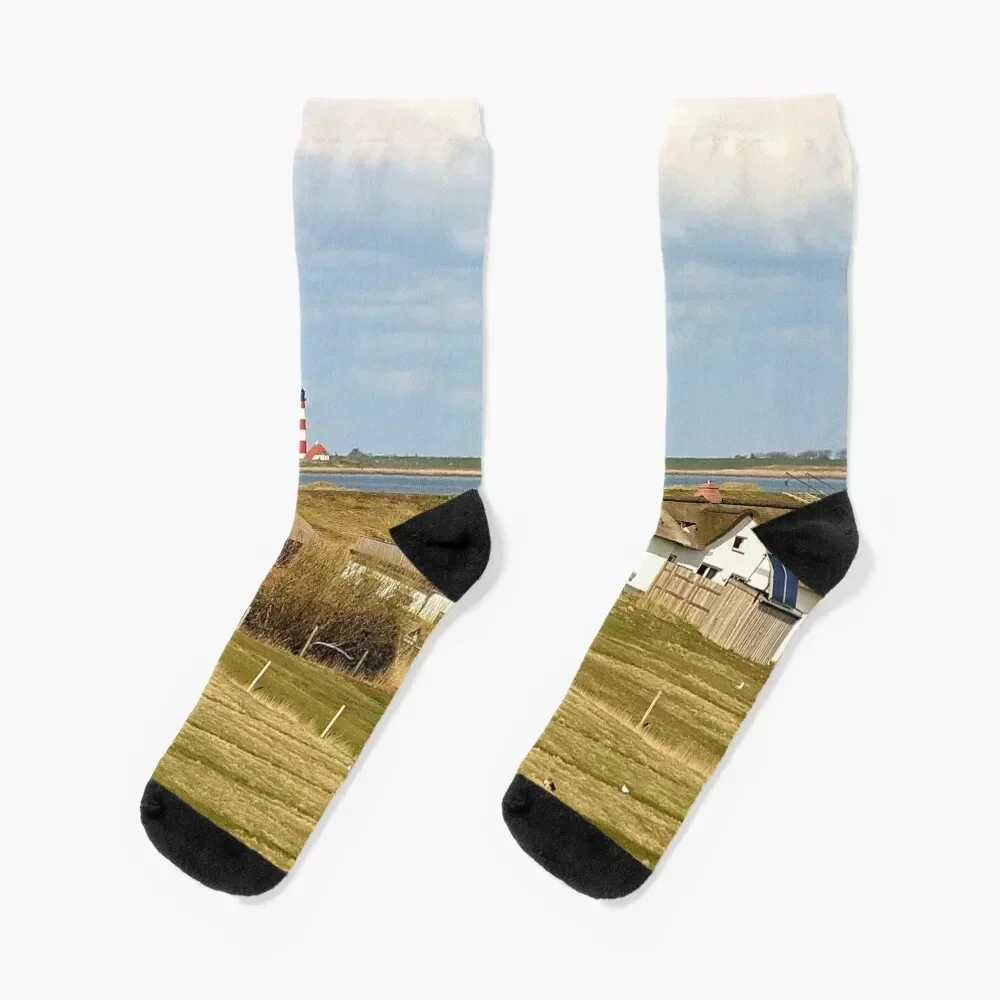 

The Westerhever lighthouse from the Ording dike crossing Socks Antiskid soccer short set bright garter Socks For Girls Men's