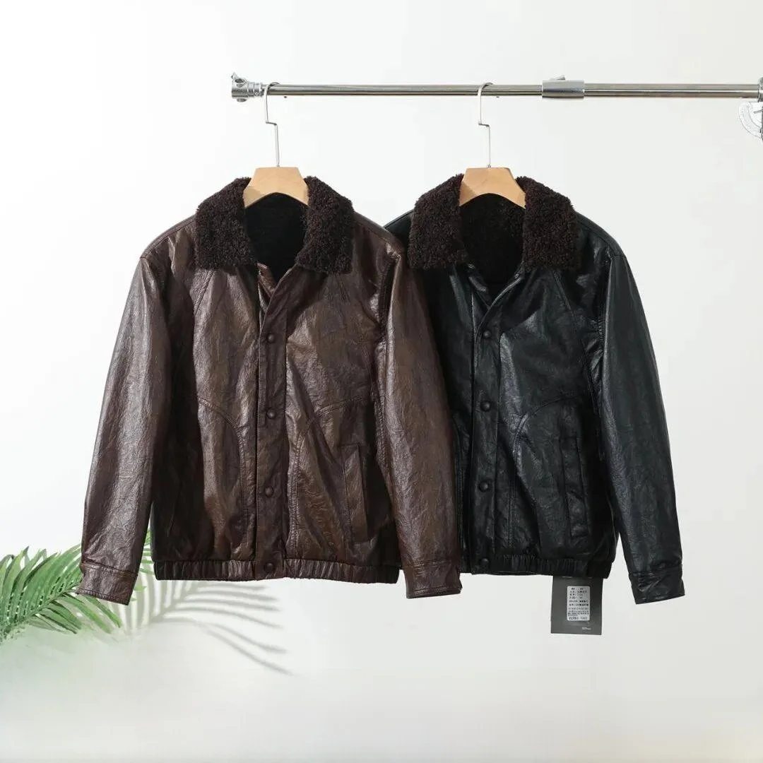 

Thiened Eco-friendly PU Leather Men's Jaet Winter Warm Fce Lined Line Inteated Fur Stand Fit Long Sve