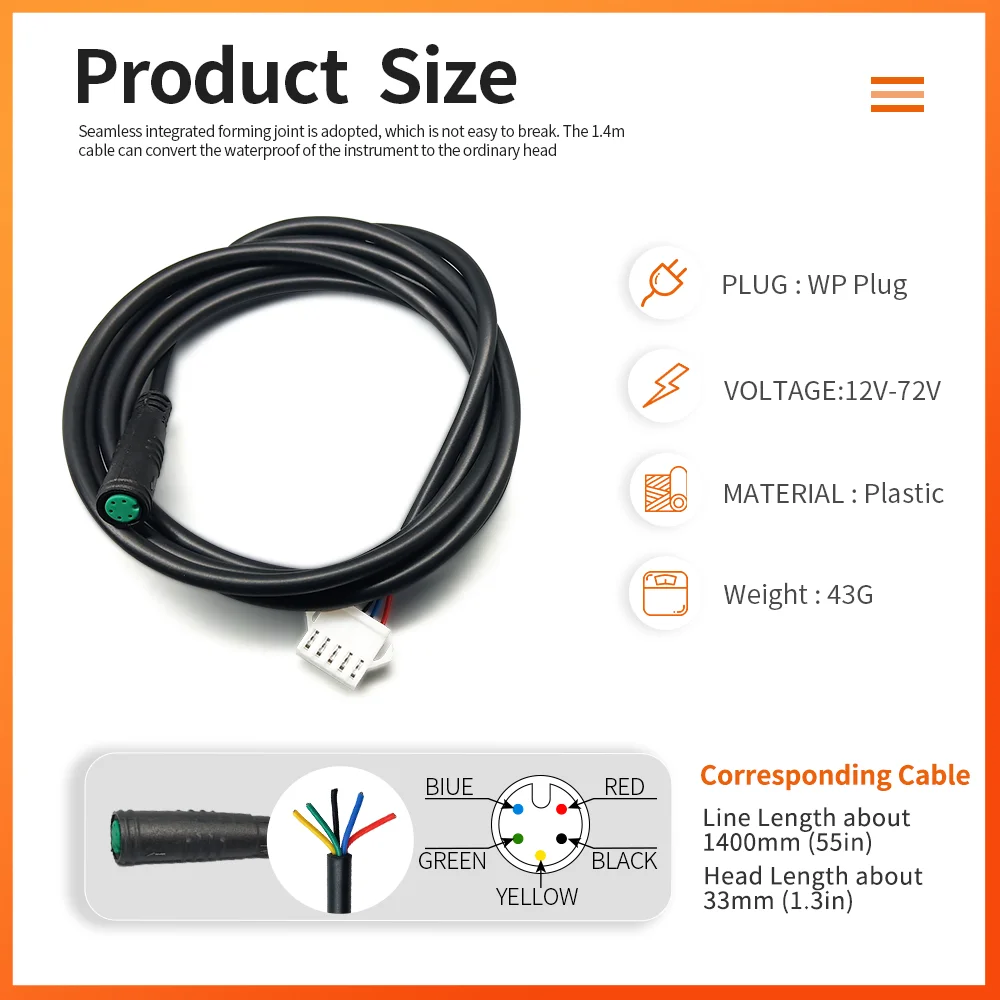 Ebike LED LED Display JULET Waterproof Cable 5pin Electric Bicycle Display Wire Ebike 5 Pin Female to SM-5Y 1.4M