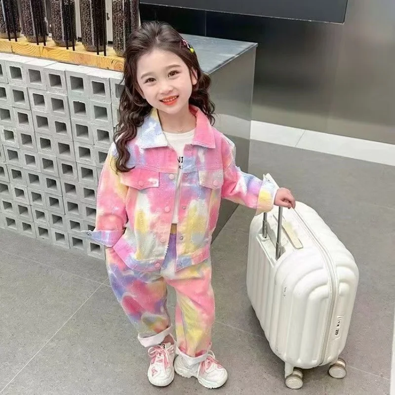 

Kids Girls Clothing Set Spring and Autumn New Children's Tie Dyed Denim Coat and Jeans Two Piece Set Fashion 2-7Y