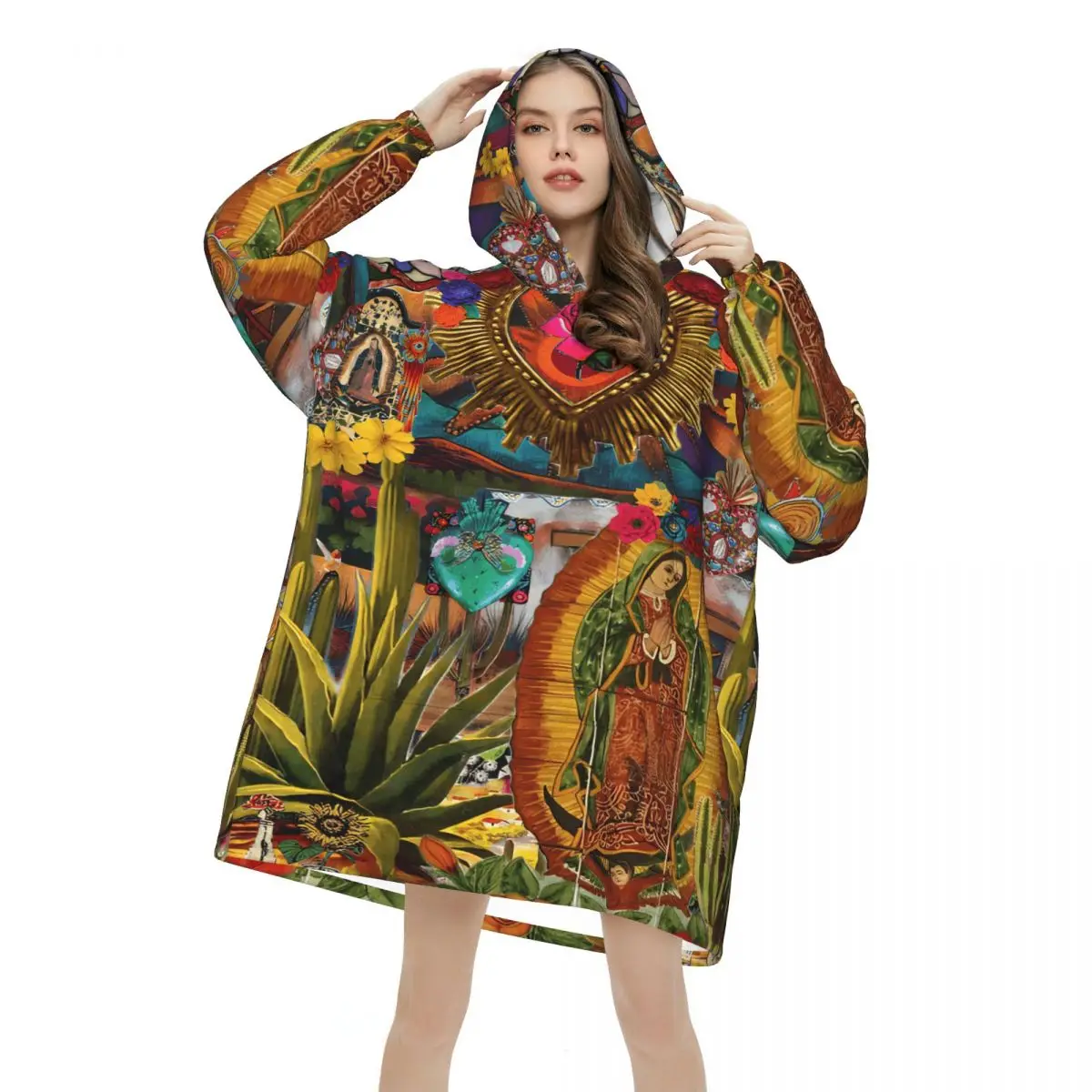 Virgin Our Lady Of Guadalupe Mexican Wearable Blanket Hoodie Warm Cozy Large Blanket Sweatshirt Thick Fleece Hooded Blanket - view 2