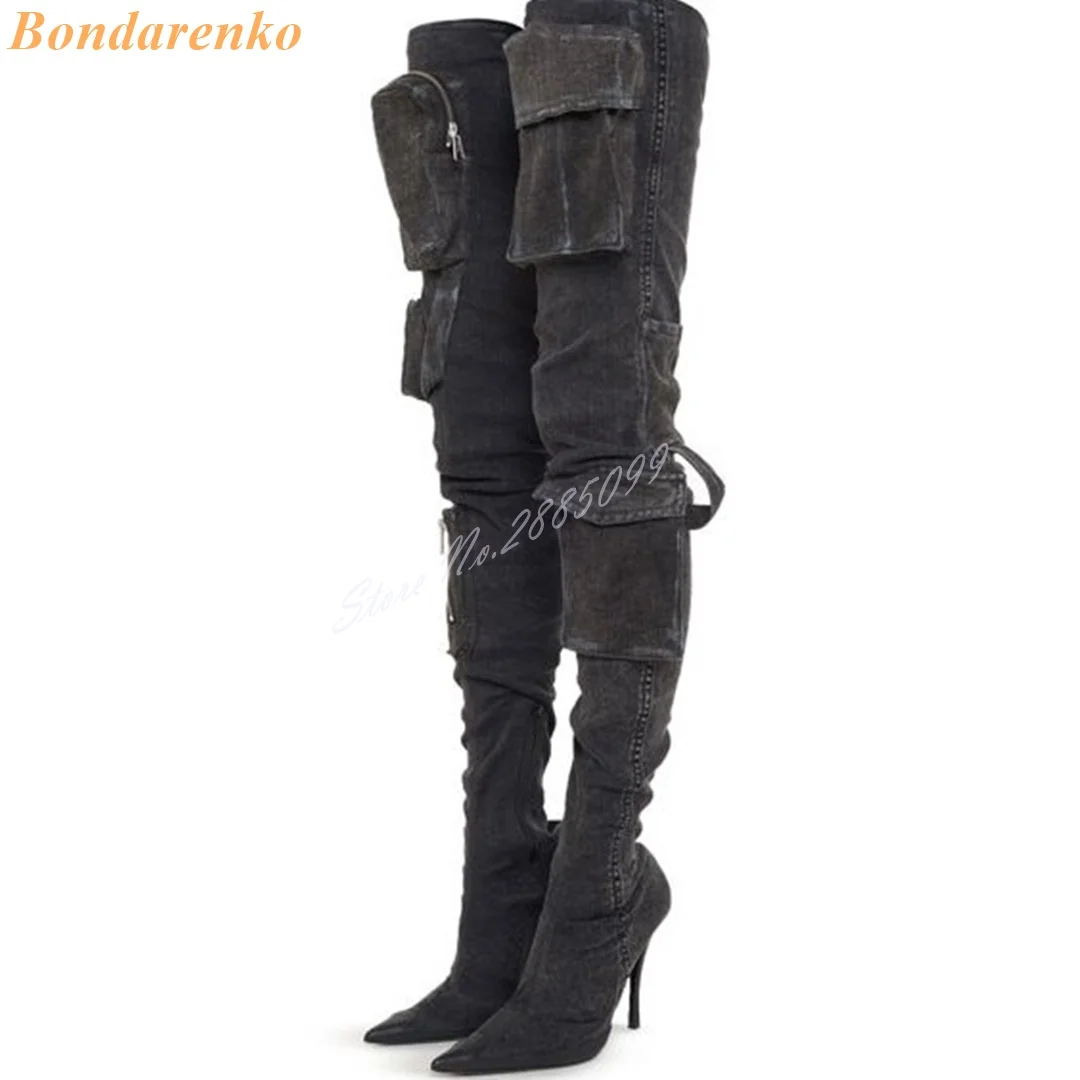 Denim Pockets Straps Boots New Style Pointy Toe Stiletto Heels Solid Boots Over The Knee Side Zipper Women Winter Shoes Runway