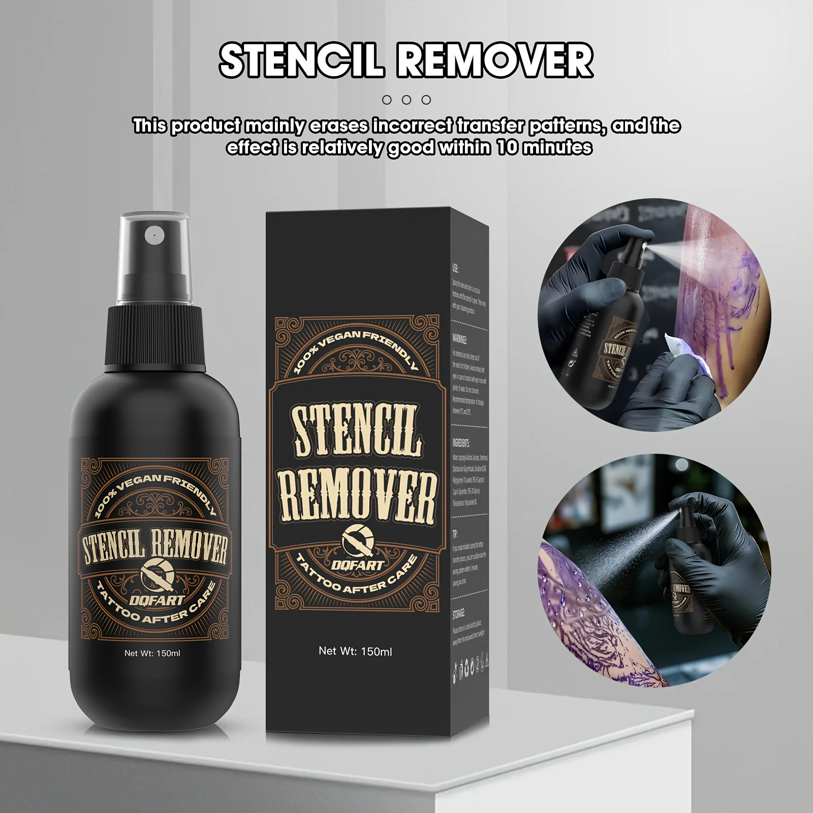 

DQFART 150ml Stencil Remover Spray Quick-Erase Formula Precision Nozzle for Stencils Temporary Tattoos Body Art　Easy Cleanup