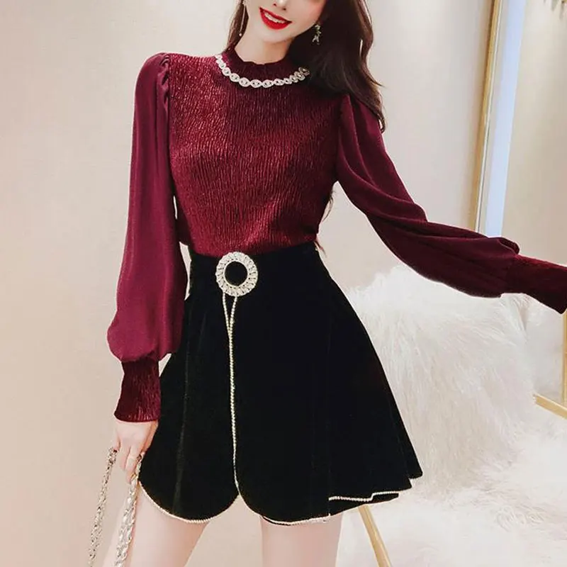 Casual Vintage Folds Blouse Women\'s Clothing Fashion Diamonds Chain Spring Autumn Long Sleeve Commute Spliced Stand Collar Shirt