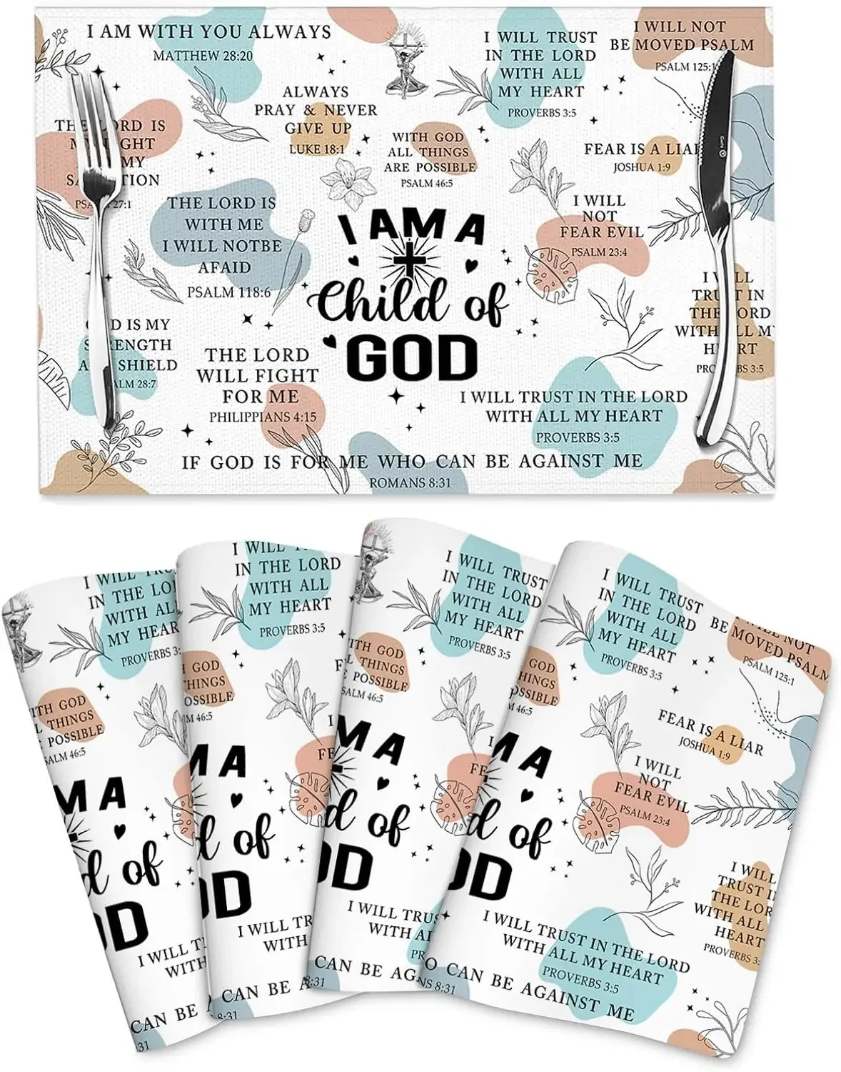 Christian Placemats Set of 4, Washable God Table Place Mats for Kitchen Holiday Party Farmhouse Decor Religious Happy Easter Day