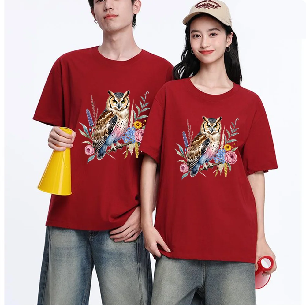 Owl And Flowers Printed T Shirt Breathable Fabric S-XXL Personalized Custom Casual Short Sleeve Tee Aesthetic Graphic Top Unisex