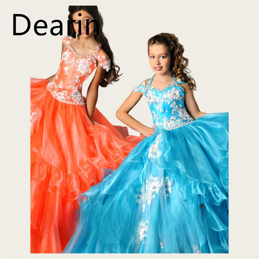 

Customized Dearin Shoulder Girdle Ball Gown Floor Length Skirts Sequin Tulle Flower Girl Dresses