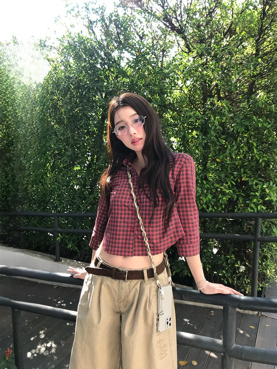 

Sinbounboun Red Plaid ort irt Single Button Svel Turn-down Collar Ne Women's Casual Cotton Polyester Spring ...