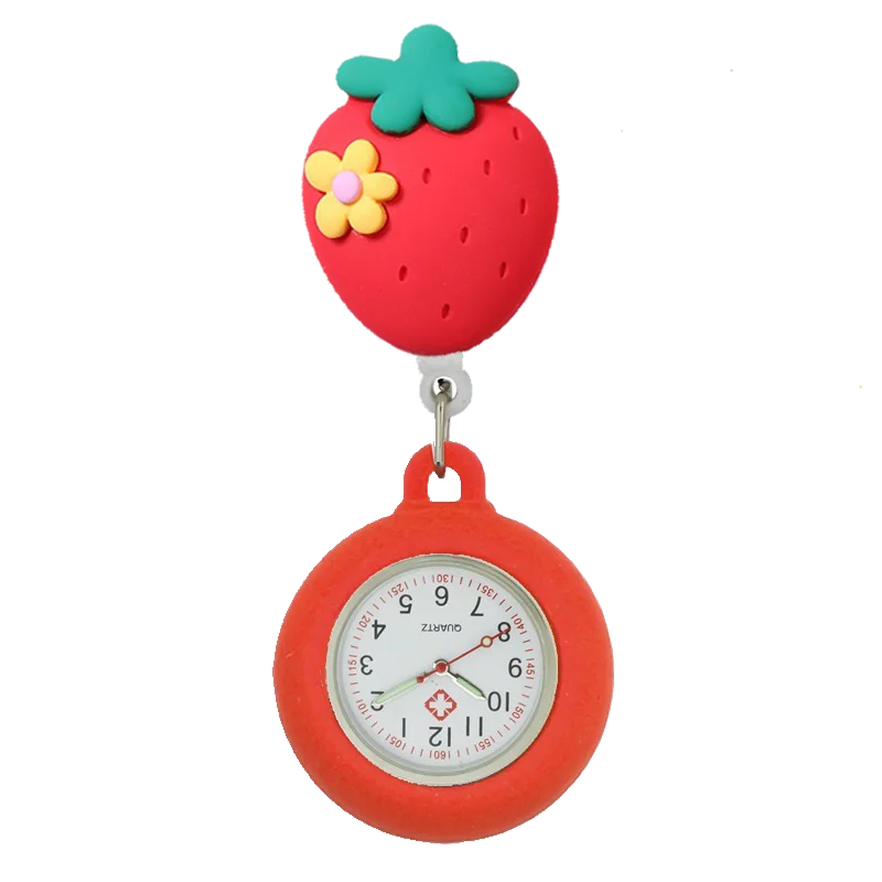 YIJIA-relojes de enfermera de bolsillo con carrete de insignia retráctil de fruta de dibujos animados para Hospital, con funda de silicona y puntero luminoso