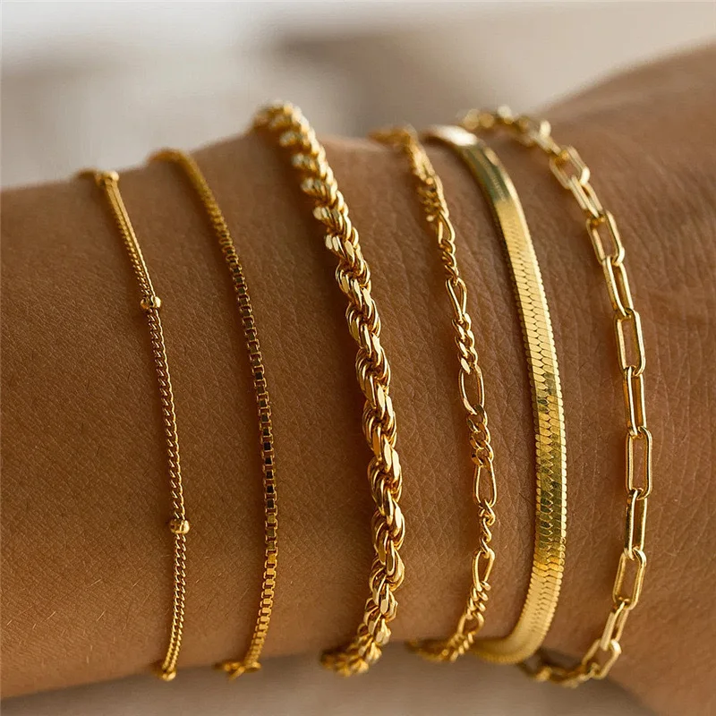 No Fade New Style Three Layering Bracelets Dainty Simple Rope Snake Beads Chain Wear Stainless Steel Jewelry Men Women