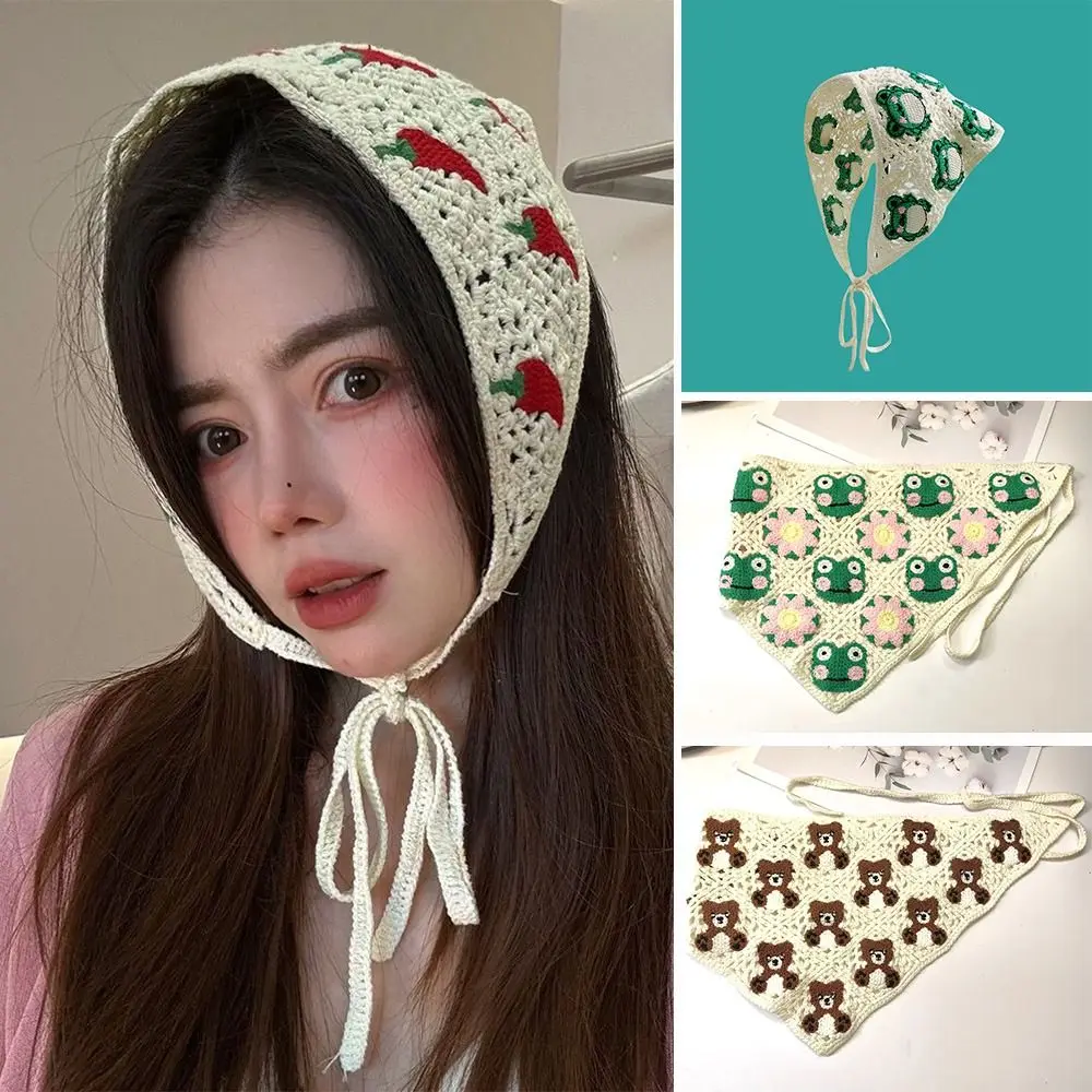 Ikat Kepala Segitiga Gaya Pastoral Perancis Mode Ikat Kepala Berongga Rajutan Buatan Tangan Tas Rambut Tali Lucu Rajutan Handuk Musim Semi Musim Panas