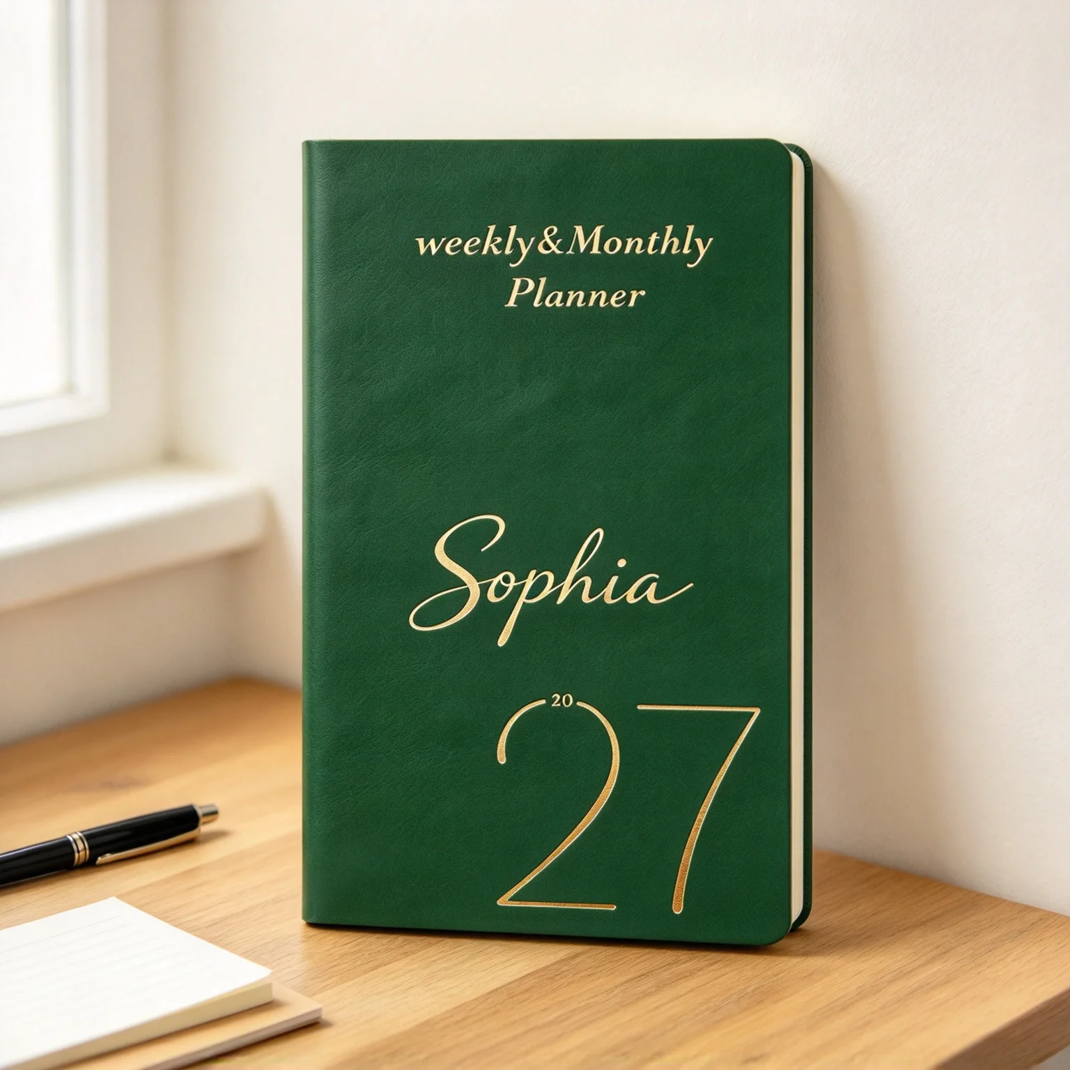 Personalized Name 2027 Weekly Monthly Planner Green PU Leather Customized Agenda Notebook for Daily Schedule Office Planning